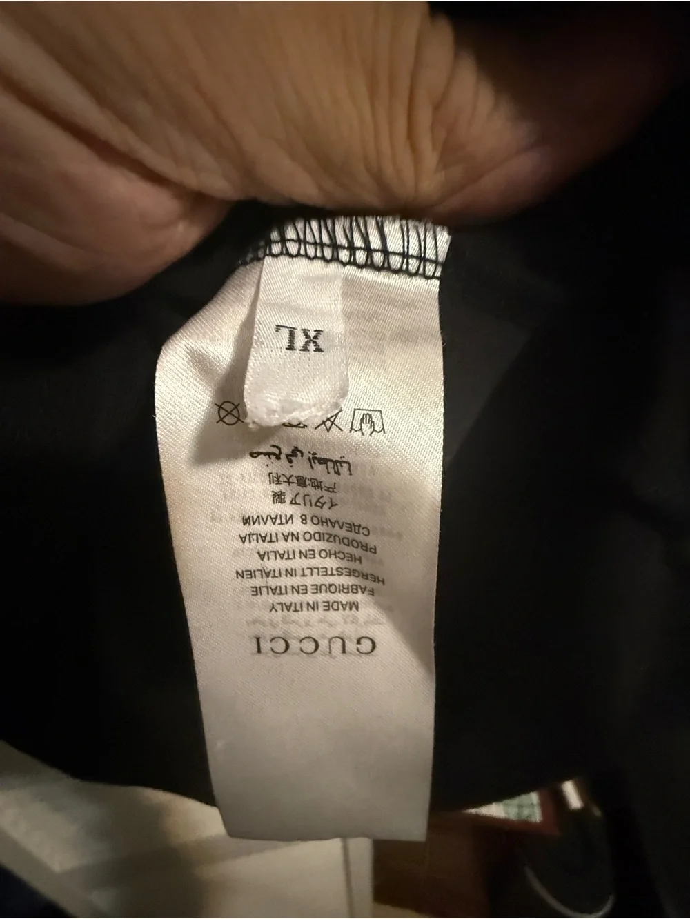 Gucci Black Tee with Red Trefoil Logo and Yellow Neck Label